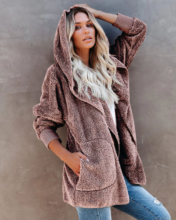 Damkofta med Huva – Sherpa Fleece – Oversized Passform – Öppen Front