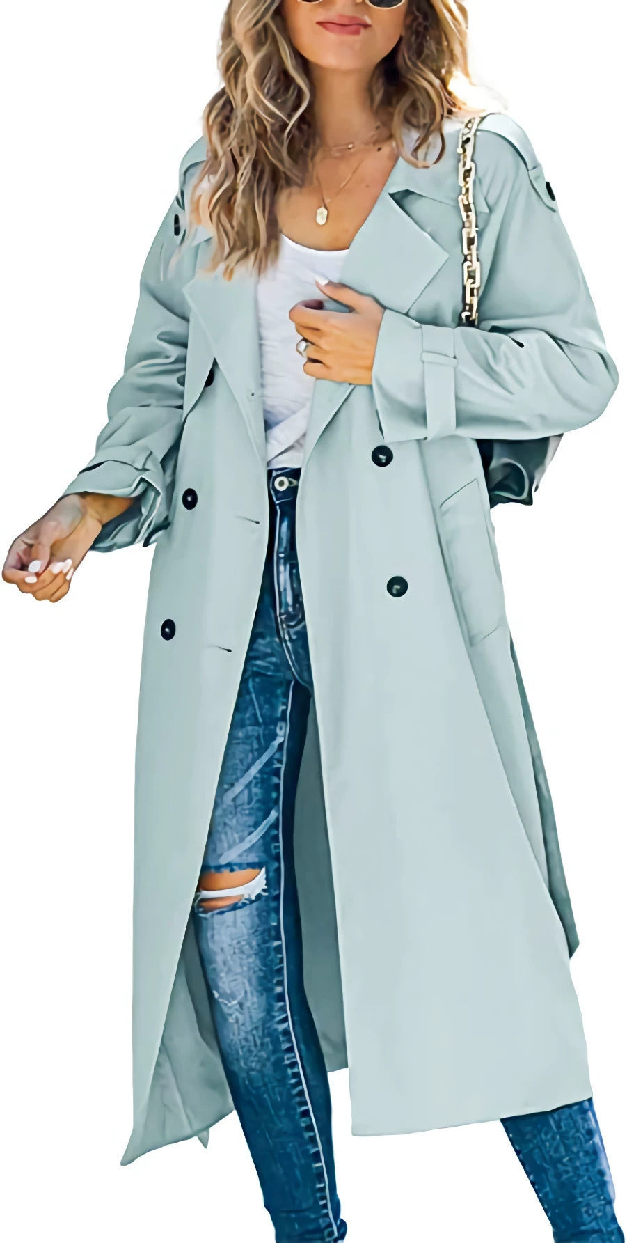 Lang dobbeltspent trenchcoat for kvinner