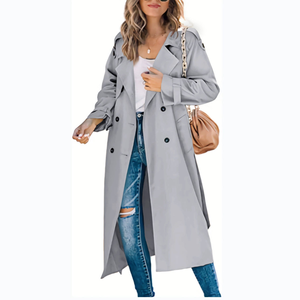 Lang dobbeltspent trenchcoat for kvinner