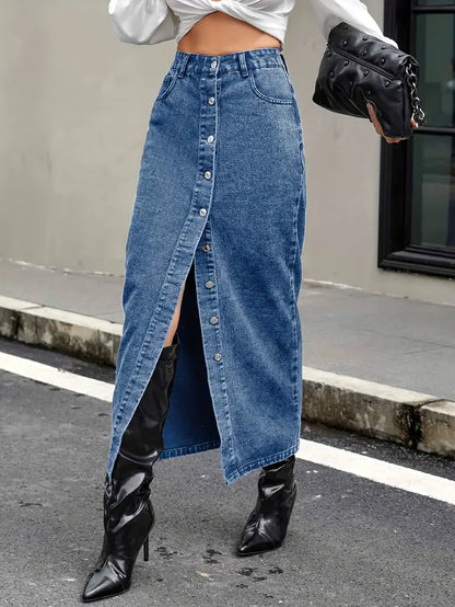 Dam Denim Midikjol - Hög Midja - Knappstängning - Rak Passform - Framslits