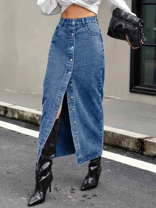 Dam Denim Midikjol - Hög Midja - Knappstängning - Rak Passform - Framslits