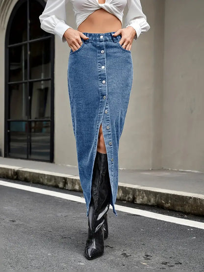 Dam Denim Midikjol - Hög Midja - Knappstängning - Rak Passform - Framslits