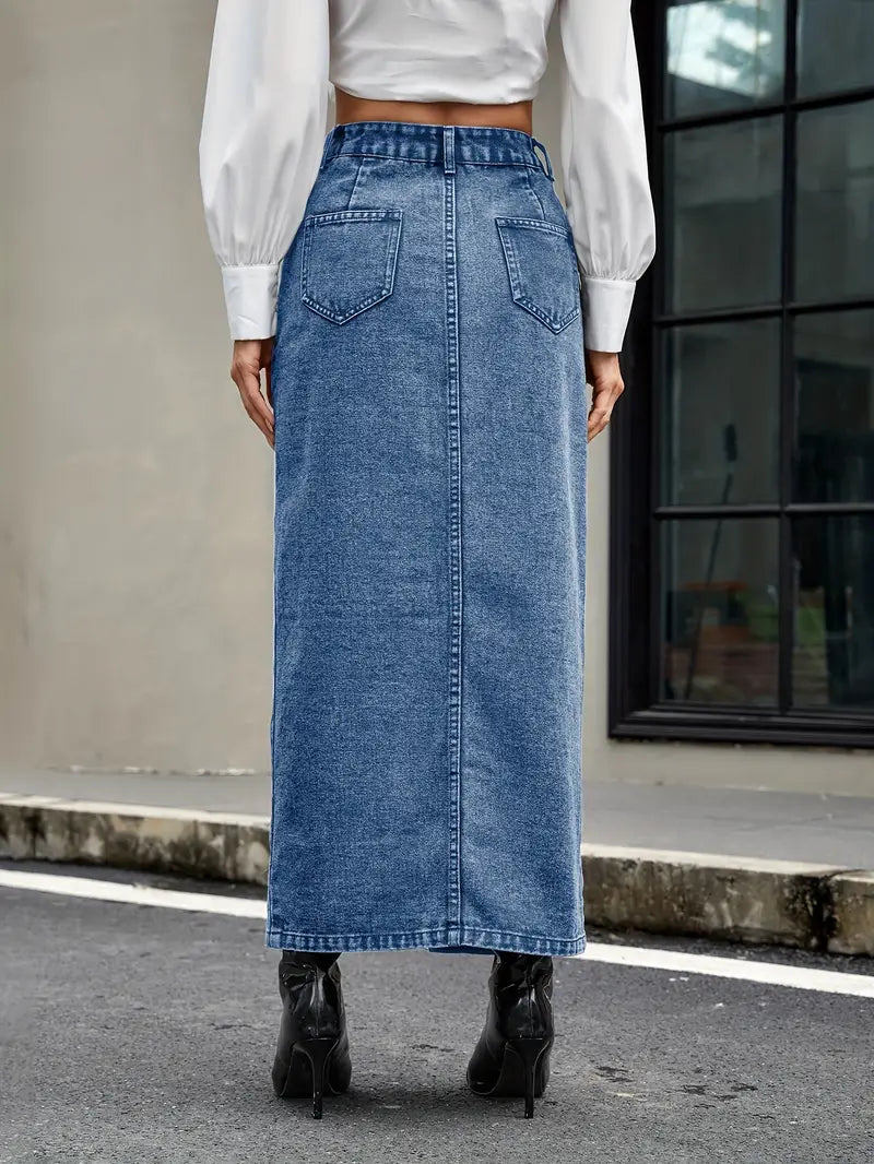 Dam Denim Midikjol - Hög Midja - Knappstängning - Rak Passform - Framslits