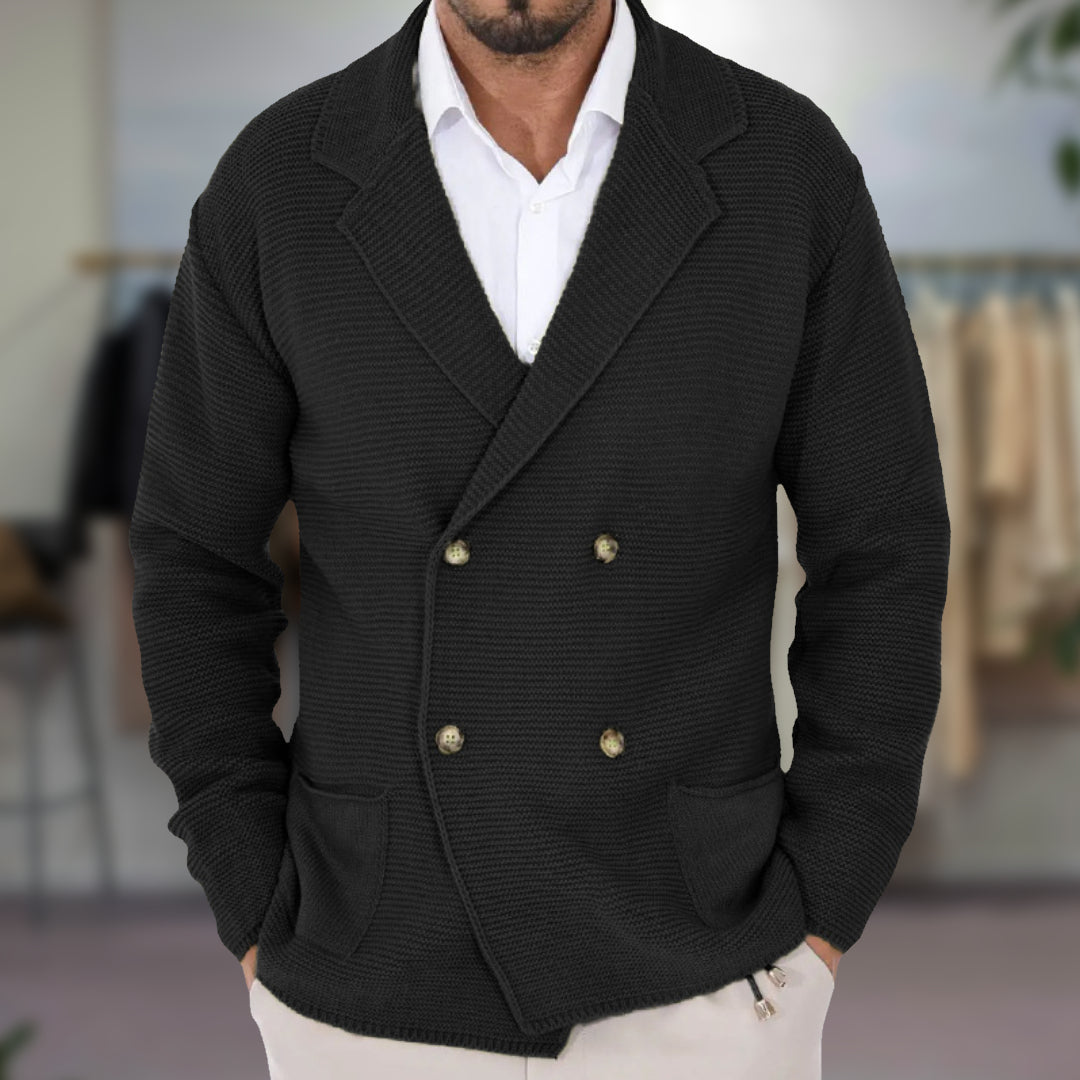 Herr Cardigan – Stickat Tyg – Regular Fit – Dubbelspränd – Kavajliknande Krage