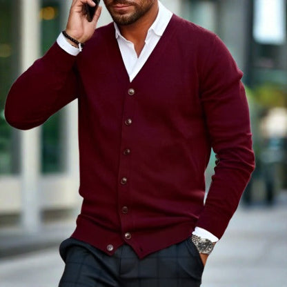Herr Cardigan – V-ringning – Knäppning – Slim Fit – Långärmad Bomull Ull-blandning