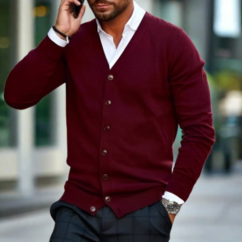 Herr Cardigan – V-ringning – Knäppning – Slim Fit – Långärmad Bomull Ull-blandning