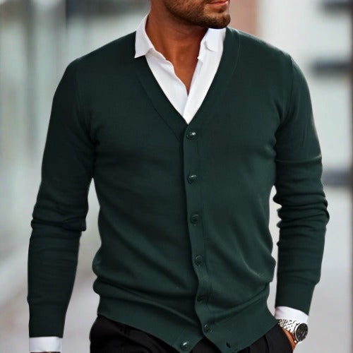Herr Cardigan – V-ringning – Knäppning – Slim Fit – Långärmad Bomull Ull-blandning