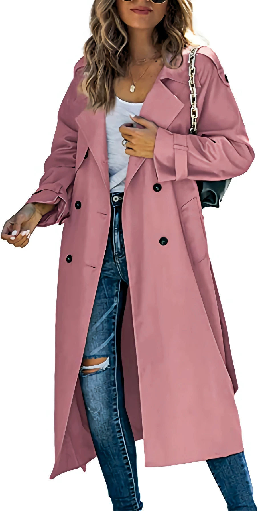 Lang dobbeltspent trenchcoat for kvinner