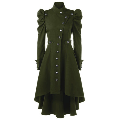 Dam Lång Kappa - Hög Stående Krage - Dubbelsydd - Puffärmar - Elegant Snitt