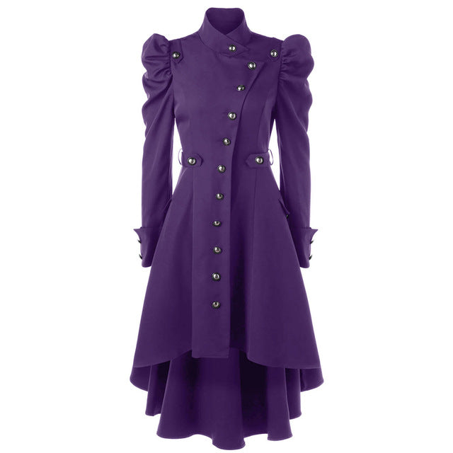 Dam Lång Kappa - Hög Stående Krage - Dubbelsydd - Puffärmar - Elegant Snitt