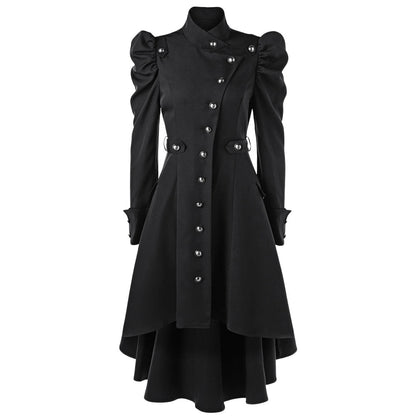 Dam Lång Kappa - Hög Stående Krage - Dubbelsydd - Puffärmar - Elegant Snitt