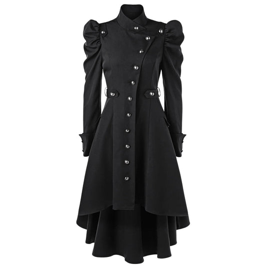 Dam Lång Kappa - Hög Stående Krage - Dubbelsydd - Puffärmar - Elegant Snitt