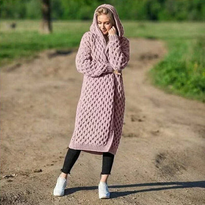 Dam Cardigan med Huva – Ull – Avslappnad Passform – Kabelstickad – Lång Modell