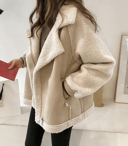 Dam Shearling Jacka - Mocka Yttre - Mjukt Pälsfoder - Oversized Passform - Notch Krage - Dragkedjestängning