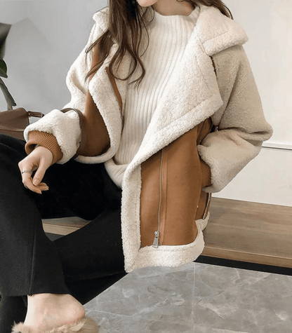 Dam Shearling Jacka - Mocka Yttre - Mjukt Pälsfoder - Oversized Passform - Notch Krage - Dragkedjestängning