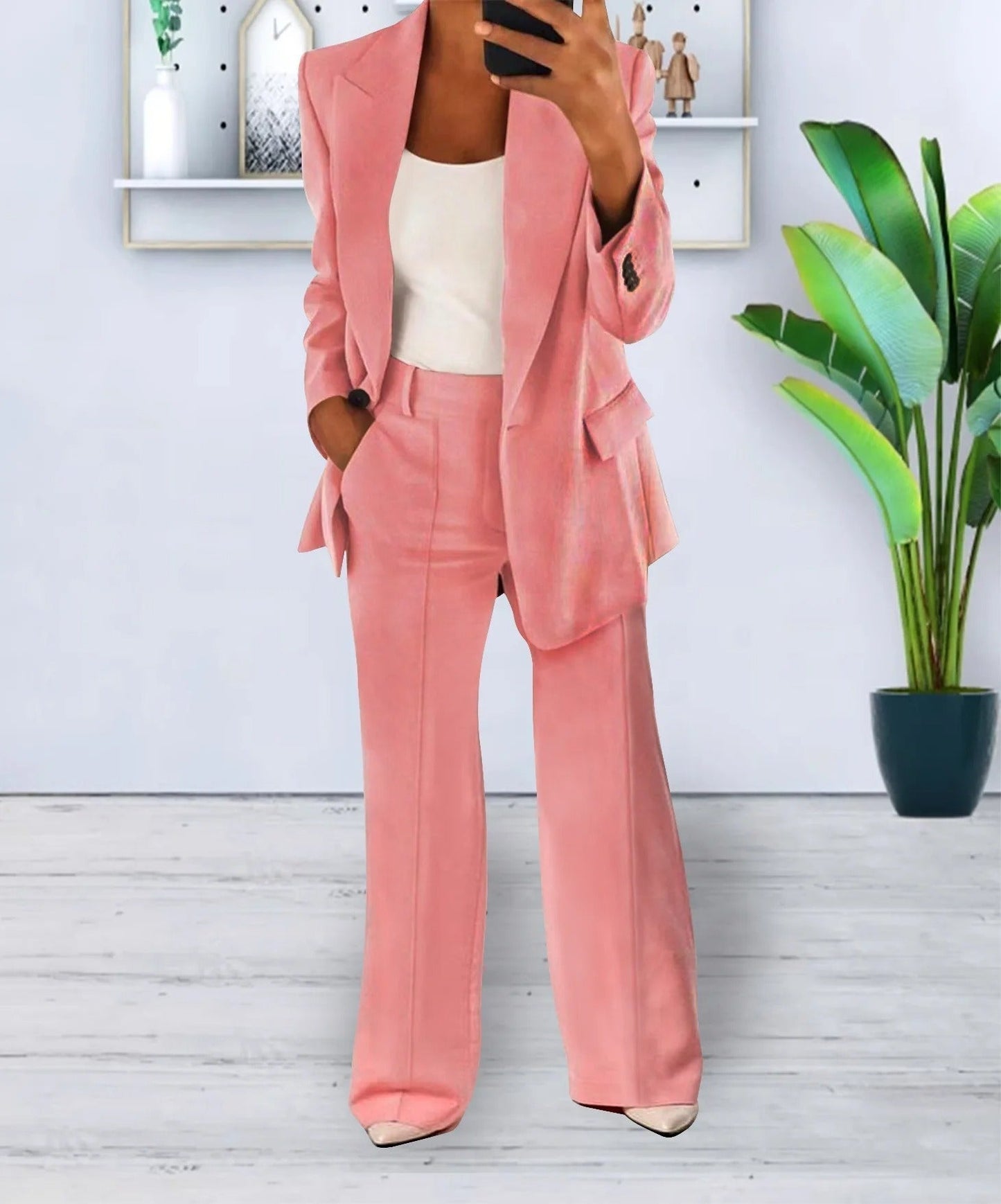 Mykt stretchy polyester bukser og blazer outfit-sett for kvinner